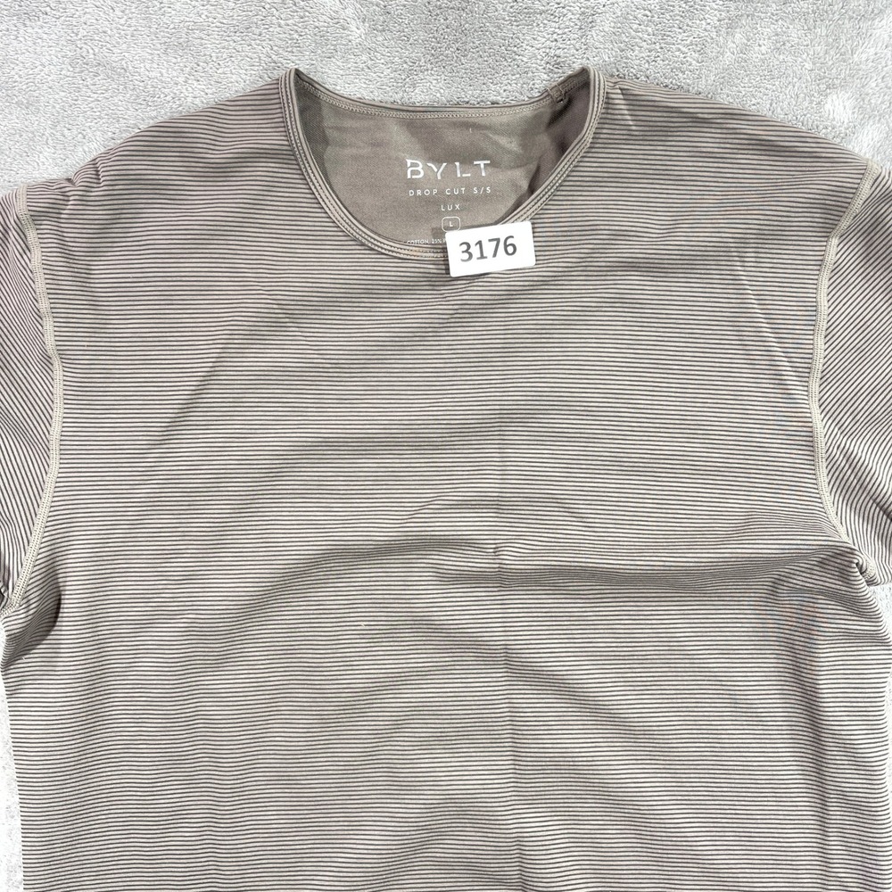 BYLT Drop Cut S/S‎ Lux Men Large Olive Charcoal Striped Curved Hem Tee XDCSS_STP